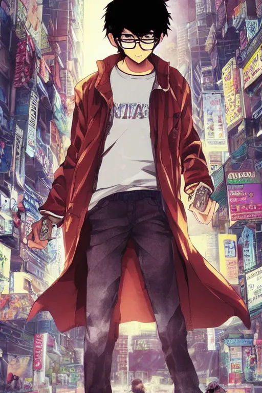 Prompt: manga cover, black-haired short-haired male indian teenager wearing a brown jacket, middle-parted hair, glasses, intricate cyberpunk city, emotional lighting, character illustration by tatsuki fujimoto, chainsaw man, fire punch