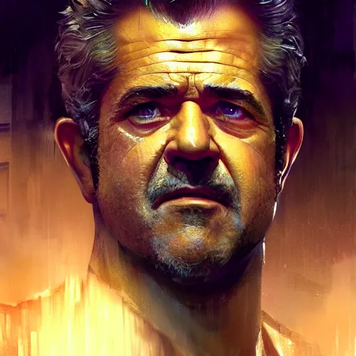 Image similar to mel gibson, hyperrealistic portrait, bladerunner street, art of elysium by jeremy mann and alphonse mucha, fantasy art, photo realistic, dynamic lighting, artstation, poster, volumetric lighting, very detailed face, 4 k, award winning