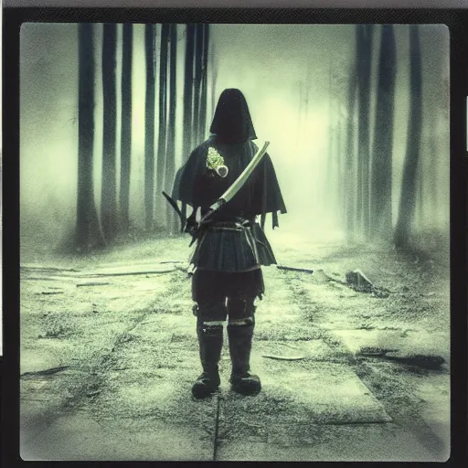 Image similar to polaroid samurai staying in front of huge abandoned hospital in woods, dark, moody, gloomy, foggy