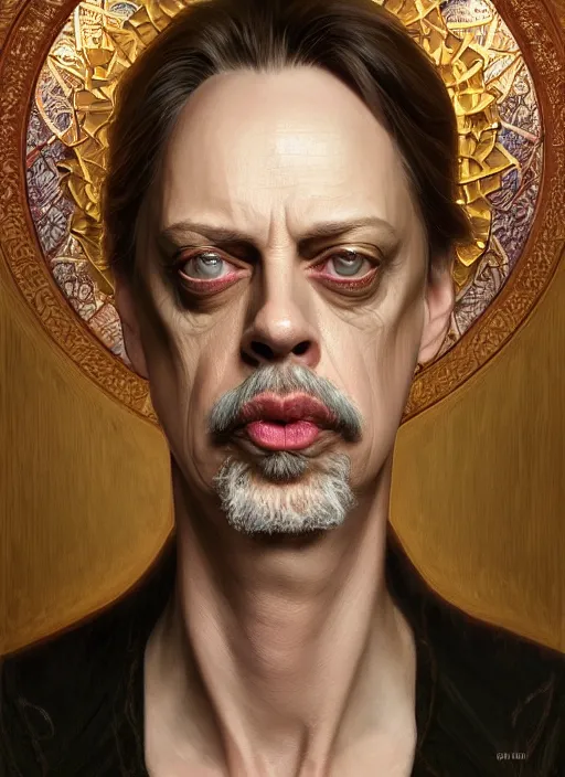 Image similar to symmetry!! portrait of steve buscemi, fantasy, medieval wear, intricate, elegant, highly detailed, digital painting, artstation, concept art, smooth, sharp focus, illustration, art by artgerm and greg rutkowski and alphonse mucha