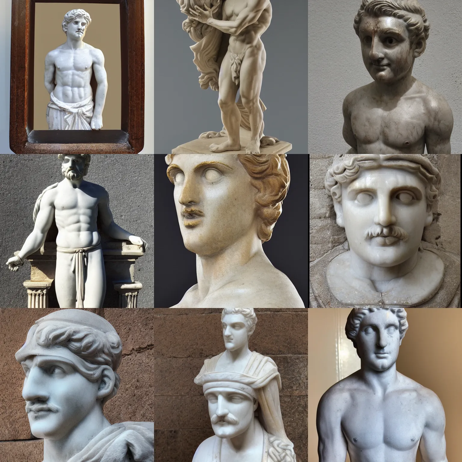 Prompt: an antique marble statue of mario in a greek temple, portrait, 1 / 4 headshot
