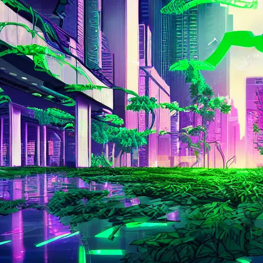 Prompt: vaporwave cyberpunk photorealistic pokemon like world covered in vines