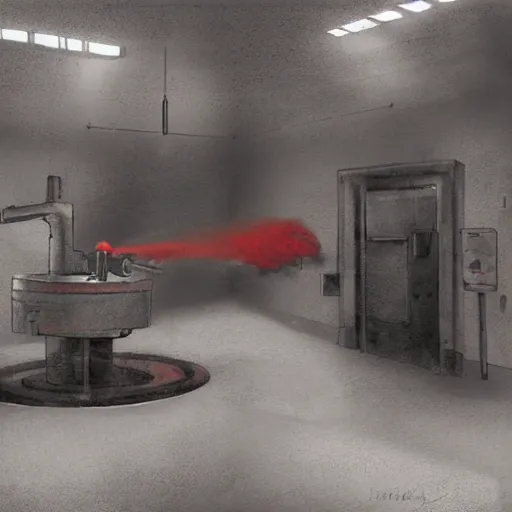 Image similar to the misery engine spools up in a sterile concrete observation room, a red smoke is pooling at the ceiling of the room, digital art, concept art, thick brush