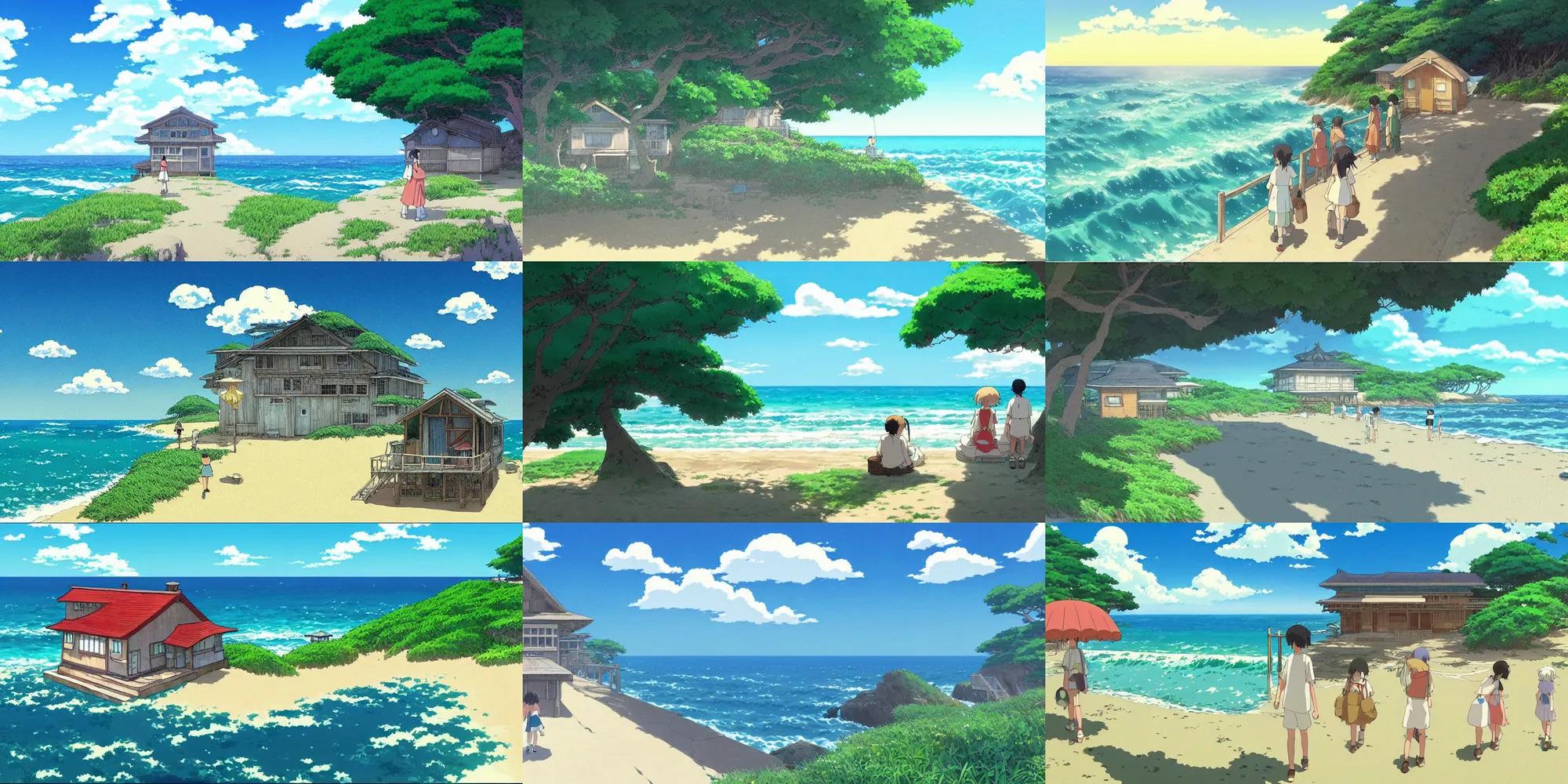 Prompt: atmospheric and nostalgic summer's day storybook painting by studio ghibli of a japanese beach house by the ocean, in the anime film by makoto shinkai