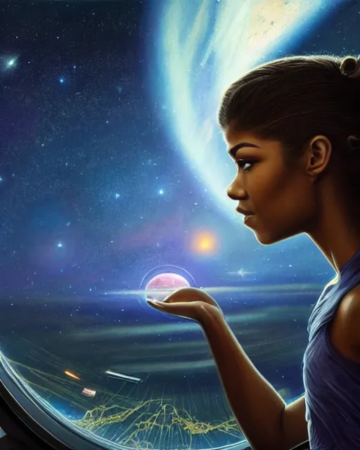 Image similar to zendaya standing infront of a huge window looking at earth on a space station in orbit around earth, lit village in the distance, stars milky way sky, deep focus, D&D, fantasy, intricate, elegant, highly detailed, digital painting, artstation, concept art, matte, sharp focus, illustration, hearthstone, art by Artgerm and Greg Rutkowski and Alphonse Mucha