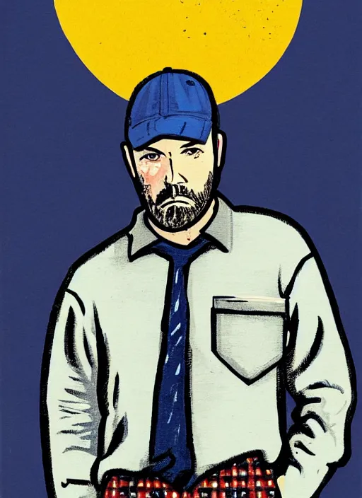 Image similar to full - body portrait of ben affleck wearing checkered shirt and white cap, holding a wrench, by billy childish, thick visible brush strokes, shadowy landscape painting in the background by beal gifford, vintage postcard illustration, minimalist cover art by mitchell hooks