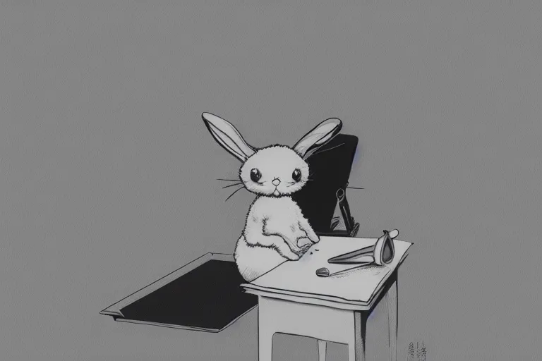 Prompt: a cute fluffy rabbit sitting at a desk, pop surrealism art style, rubberhose animation character style, intricate, toon render, black ink on white paper