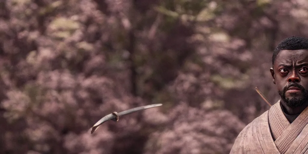 Image similar to a film still of daniel kaluuya starring as an ancient samurai in a japanese blockbuster film, shallow depth of field, cinematic, award winning cgi, vfx, film still