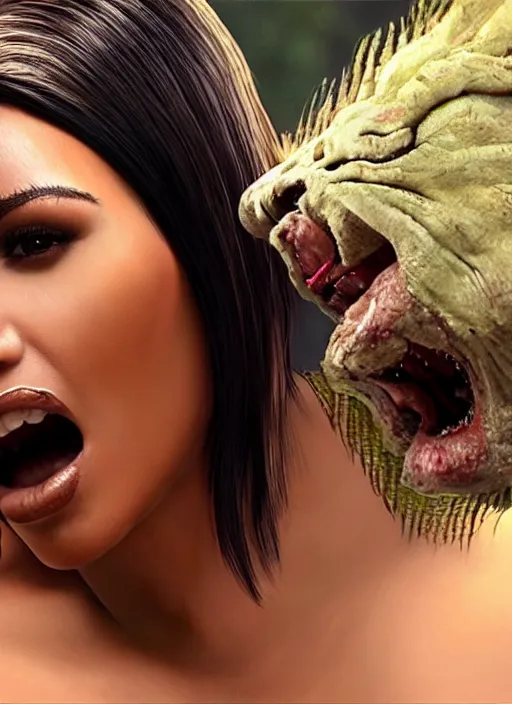 Prompt: Kim kardashian being eaten by predator, photorealism, uhd, realistic, wide shot, full shot,