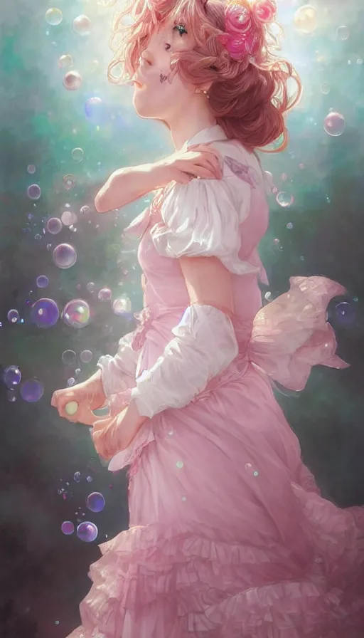 Image similar to portrait of magical lolita girl, dreamy and ethereal, expressive pose, big pink eyes, peaceful expression, ornate frilly dress, fantasy, intricate, elegant, many rainbow bubbles, highly detailed, digital painting, artstation, concept art, smooth, sharp focus, illustration, art by artgerm and greg rutkowski and alphonse mucha