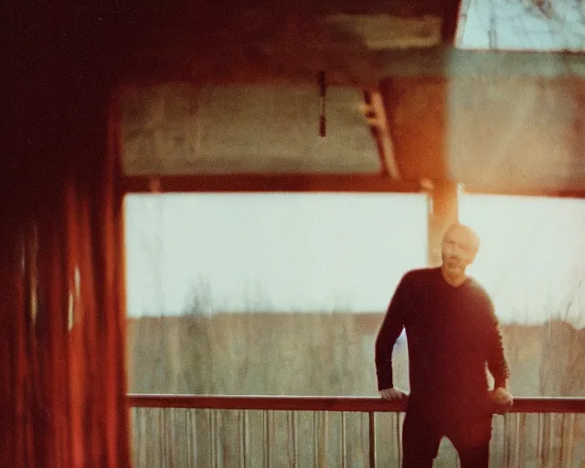 Image similar to lomographic tarkovsky film still of 4 0 years russian man with beard and sweater standing on small hrushevka 9 th floor balcony in taiga looking at sunset, cinestill, bokeh