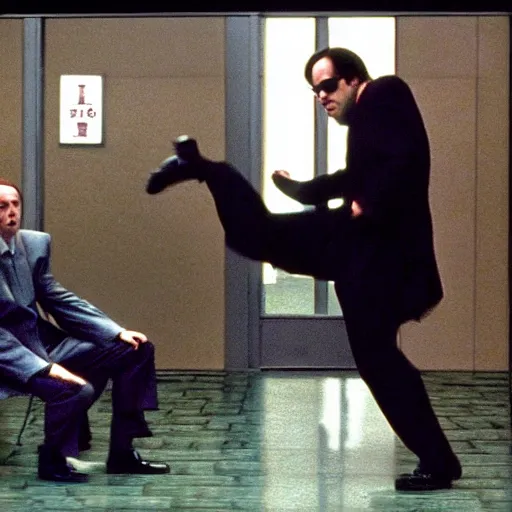 Image similar to saul goodman slow - motion dodging a bullet in the matrix ( 1 9 9 9 )