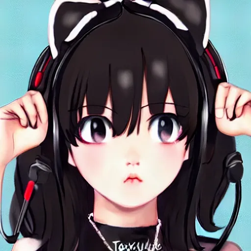 Prompt: realistic beautiful gorgeous buxom natural cute Blackpink Lalisa Manoban black hair cute fur black cat ears, wearing white camisole, headphones, black leather choker artwork drawn full HD 4K highest quality in artstyle by professional artists WLOP, Taejune Kim, Guweiz on Pixiv Artstation