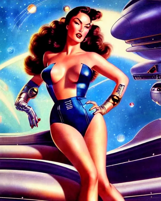 Image similar to closeup beautiful retro space megan fox varga girl, posing on a chrome space ship in diesel punk city, windblown dark hair, retro pinup model, seductive, 1 9 4 0, hyper detailed, digital art, smooth, sharp focus, gil elvgren,