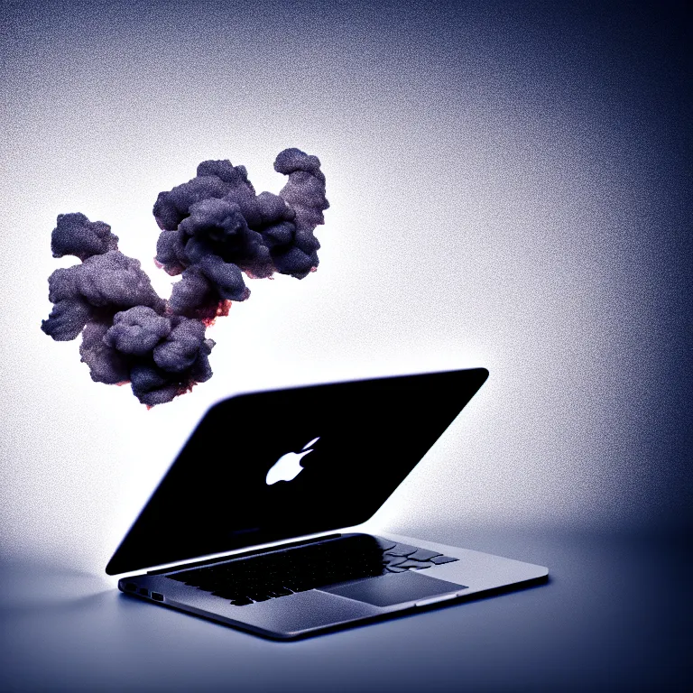 Image similar to a photo portrait of a macbook disintegrating in smoke particles, cinematic photography, smoke rising like clouds, photorealism, canon 5 d, 5 0 mm lens, super resolution, cgi, volumetric lighting & shadows, hyper detailed, 8 k, unreal engine,