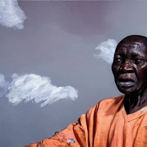 Image similar to a painting of a wise elder from Kenya by Kara Walker. dramatic angle, ethereal lights, details, smooth, sharp focus, illustration, realistic, cinematic, artstation, award winning, rgb , unreal engine, octane render, cinematic light, macro, depth of field, blur, red light and clouds from the back, highly detailed epic cinematic concept art CG render made in Maya, Blender and Photoshop, octane render, excellent composition, dynamic dramatic cinematic lighting, aesthetic, very inspirational, arthouse.