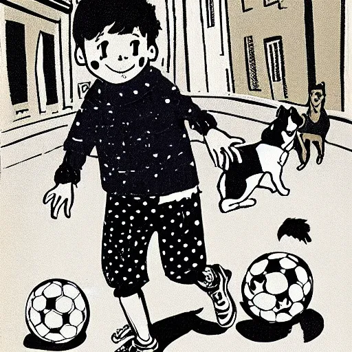 Image similar to book illustration of a french boy on the streets of paris playing football against a corgi, the dog is wearing a polka dot scarf, 1 9 6 6