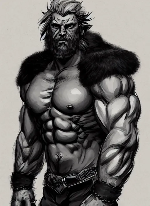 Image similar to Full body portrait of an old muscular man with blonde hair and beard wearing bear skin. In style of Yoji Shinkawa and Hyung-tae Kim, trending on ArtStation, dark fantasy, great composition, concept art, highly detailed.