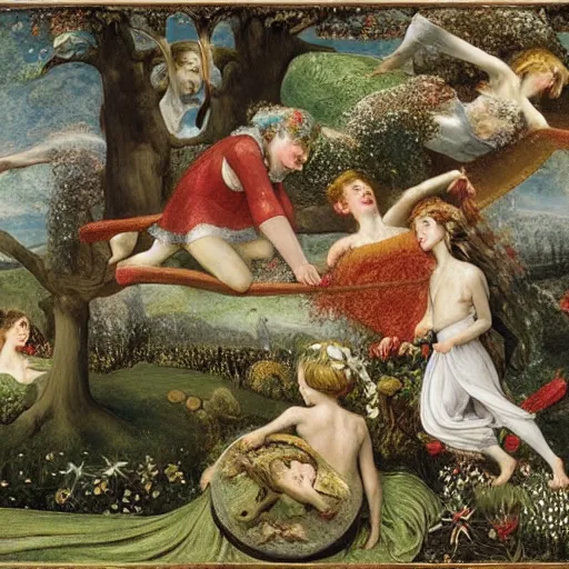 Image similar to fairy meadow by Richard Dadd, British fairy painting, exquisite, highly detailed, Henry Fuseli, William Blake