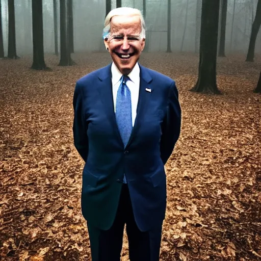 Prompt: joe biden with 4 arms standing ominously far in the foggy woods with a demonic wide smile in his face, iphone photo, creepy