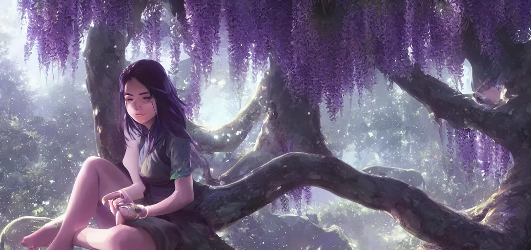 Prompt: Young Himalayan woman sitting in a large tree, glowing wisteria, night time scene, somber white eyes, long ashy hair, gentle lighting, futuristic, dim lighting, digital art by Makoto Shinkai ilya kuvshinov and Wojtek Fus, digital art, concept art,