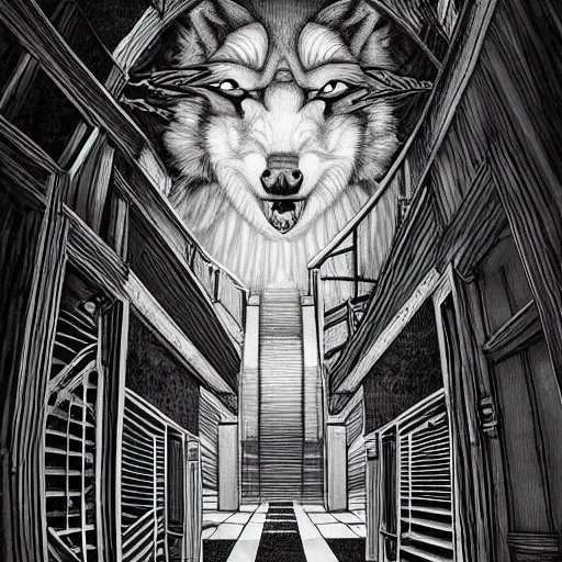 Image similar to a huge howling angry wolf in a huge bright maze of many doorways and lots of stairs, many doorways, inside MC Escher architecture, artstation, Junji Ito, epic composition, detailed background