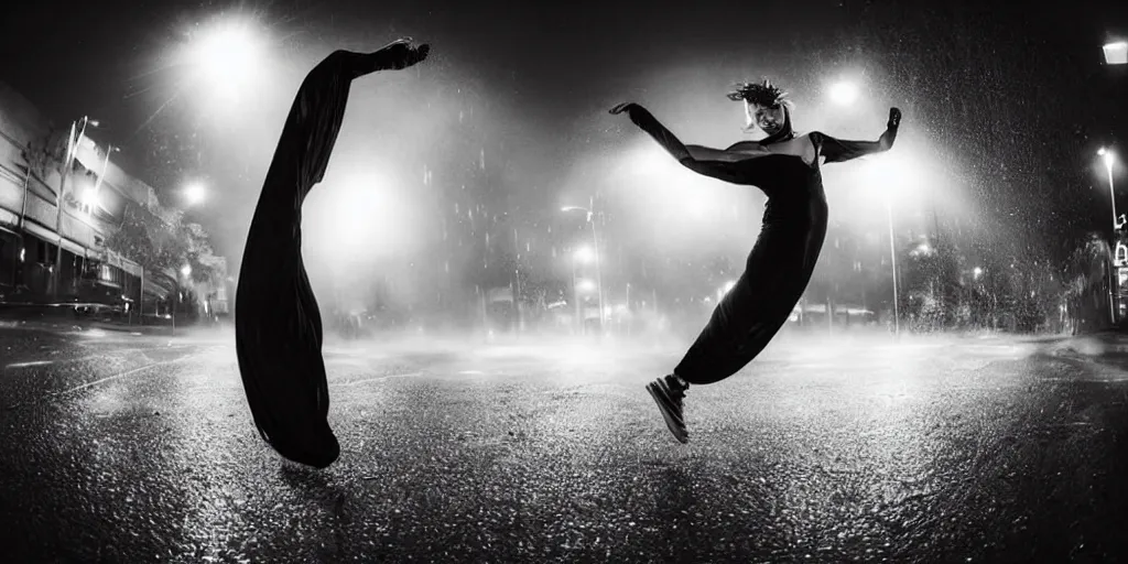 Image similar to fisheye lens trail effect of futuristic break dancer wearing floating very long dress, long exposure shot , at night in the middle of a rainy street with rim lights, paddle of water with steam and fog with water splashes, glossy reflections, water droplets on lens, tongue of fire, detailed and soft, fisheye lens, smooth, sharp focus