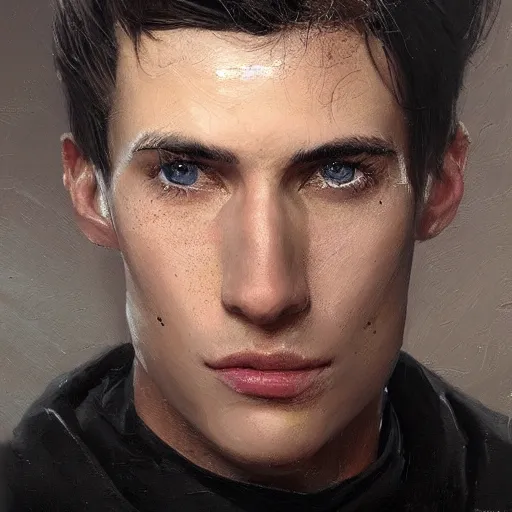 Image similar to An oil painting of a man dressed in priest robes, 30 years old, !chad jaw line!, short black hair, sharp facial features, beautiful, highly detailed, by Cédric Peyravernay, trending on artstation