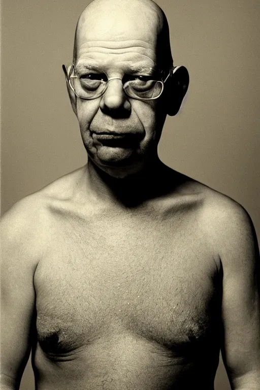 Image similar to studio portrait of man that looks excactly like homer simpson, lookalike, as if homer simpson came to life, soft light, black background, fine skin details, close shot, award winning photo by diane arbus