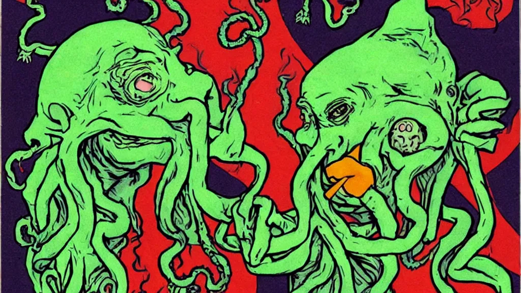 Image similar to an extremely drunk cthulhu smoking a joint in rastafari clothes