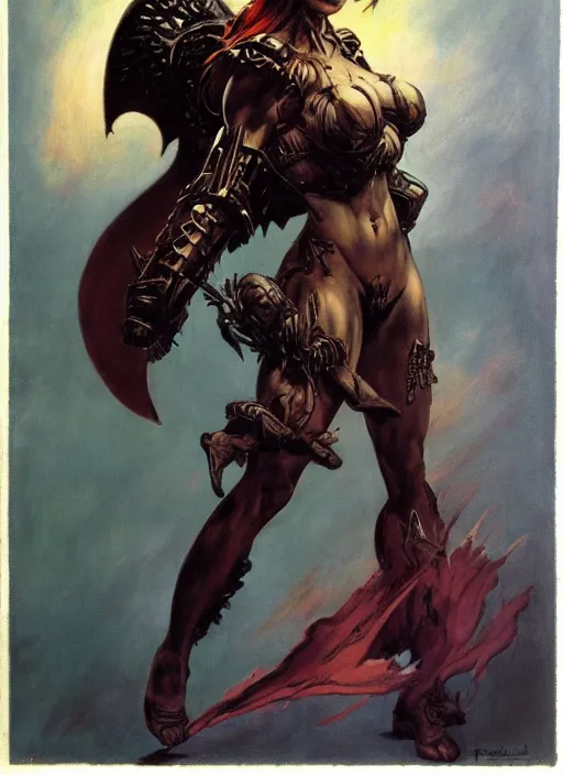 Image similar to portrait of female chaos angel, beautiful! coherent! by frank frazetta, by brom, strong line, deep color, armor, volumetric hair, high contrast