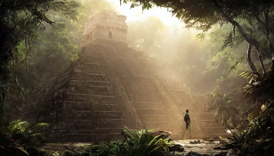 Prompt: Walker discovering the entrance of an ancient Mayan city in the jungle, hyperdetailed, artstation, cgsociety, 8k