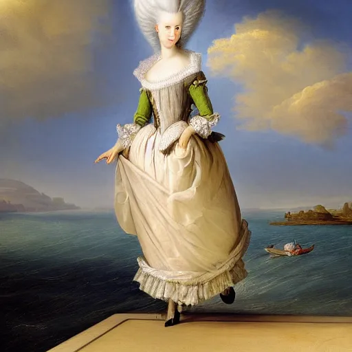 Image similar to portrait, Marie Antoinette levitating over the sea. high detail, great lighting, 8k resolution, masterpiece, concept art, illustration