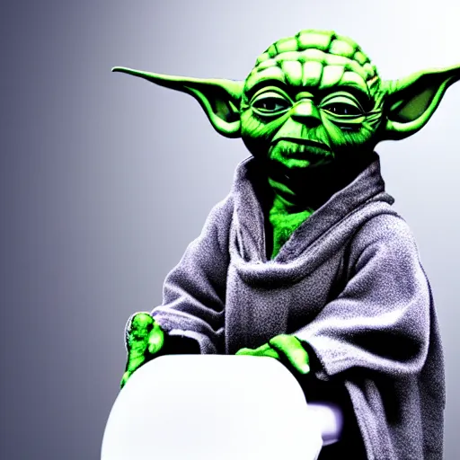 Image similar to yoda sitting on toilet