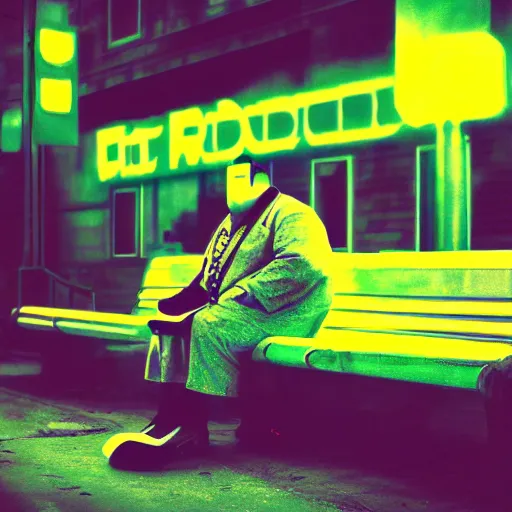 Image similar to vintage phto of a fat robot sitting alone in a streetbench, diezelpunk, cyberpunk, stray, neon lights