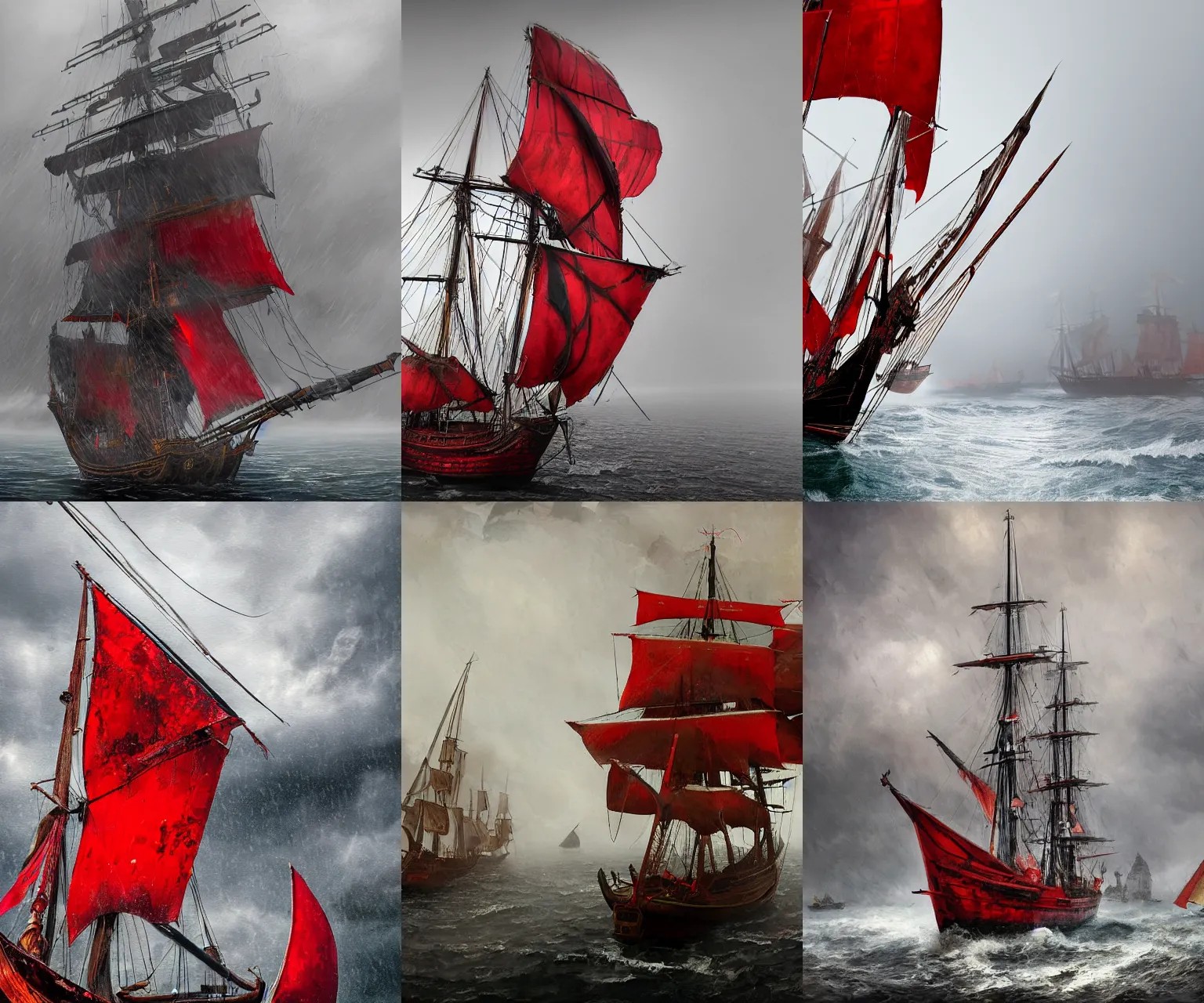 Prompt: a digital painting of a single large bulky 1 7 th century galeon with black hull and red sails emerging from the mist and the rain, frontal shot, low angle, long focal length, by craig mullins and raphael lacoste and