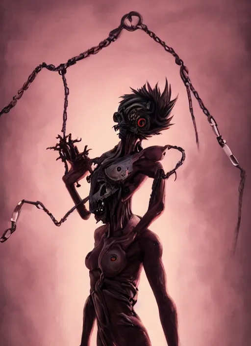 Prompt: full body horror painting of tracer from overwatch, in style of zdzisław beksinski, horror, 4 k, feminine facial features, silhoutte, black, dark, black armor, detailed face, tall, ropes and chains, scary, horror,