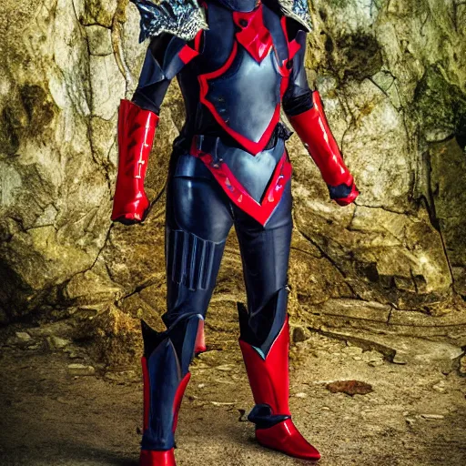 Prompt: High Fantasy Kamen Rider, single character full body, 4k, glowing eyes, rock quarry location, daytime, rubber suit, pvc armor, dark blue with red secondary color dragon inspired segmented armor, ultra realistic, vibrant colors, Cinematography