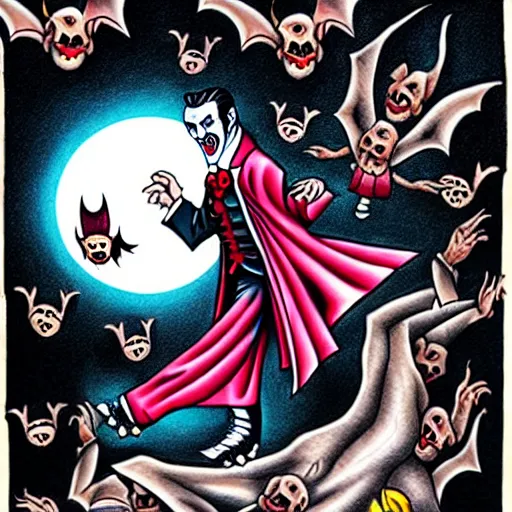 Image similar to dracula dancing on roller skates surrounded by bats and a full moon in the style of american traditional tattoo