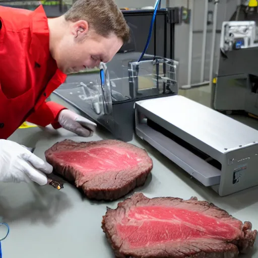 Prompt: 3 d printer printing a steak, in a factory, technician working