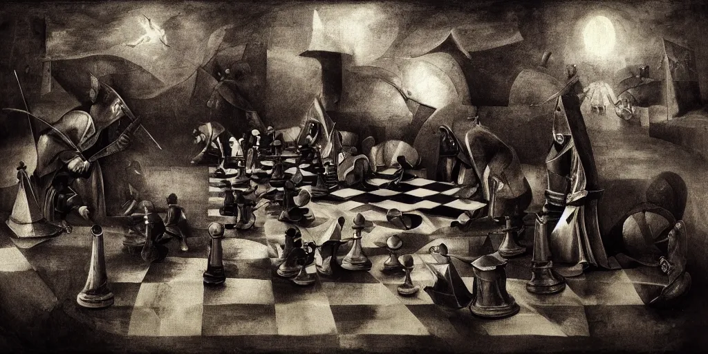 Image similar to chess game, chess, black square, white square, gameplay in style of hieronymus bosch paintings, painting, gameplay, high detailed, dark fantasy, dark tones, armored units, high detailed, contrast, octane render, mill, farm, creative