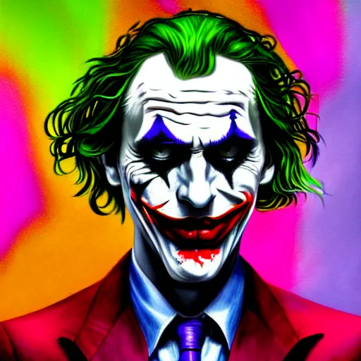 Image similar to An extremely psychedelic portrait of The Joker, surreal, LSD, face, detailed, intricate, elegant, lithe, highly detailed, digital painting, artstation, concept art, smooth, sharp focus, illustration