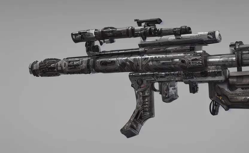 Prompt: extremely detailed side view of a sci fi rifle, chemically propelled, railgun, bullpup, with tubes and wiring, ultra quality, realistic, octane render, call of duty, warframe, deviantart