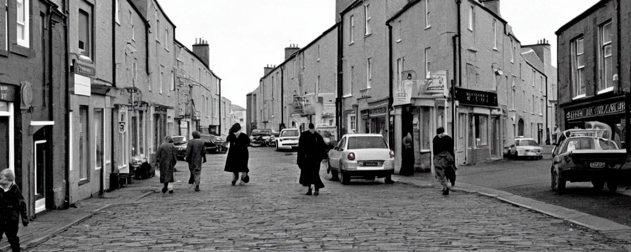 Prompt: street life in kirkwall orkney, from 2001: A Space Odyssey (1968), cinematic,