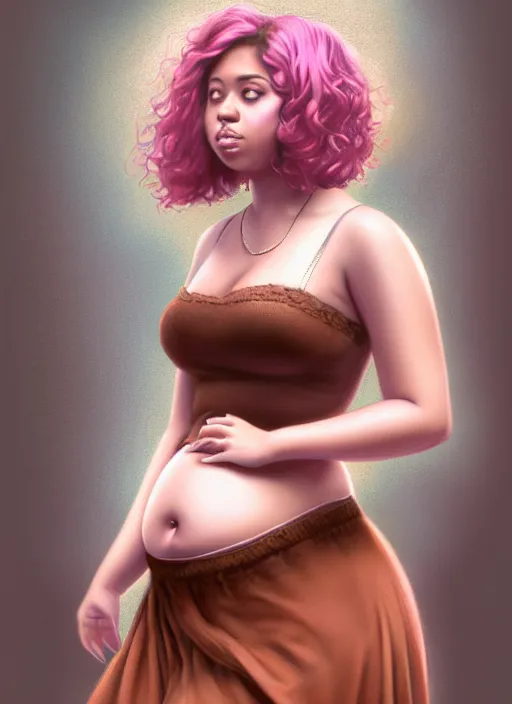 Image similar to full body portrait, teenage vanessa morgan, pink hair, brown skin, obese, curly pixie hair, sultry, realistic, short hair, hoop earrings, skirt, shirt, fat, belly, intricate, elegant, highly detailed, digital painting, artstation, concept art, smooth, sharp focus, illustration, art by wlop, mars ravelo and greg rutkowski