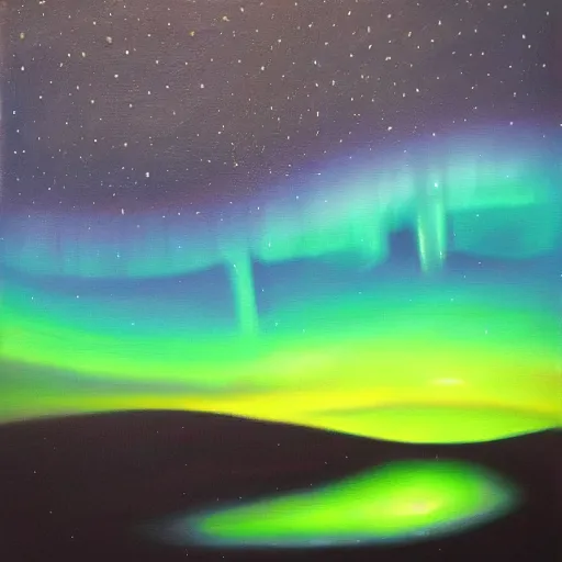 Prompt: a painting of the aurora borealis in the night sky, an oil on canvas painting by Nína Tryggvadóttir, deviantart, metaphysical painting, bioluminescence, nightscape, sense of awe