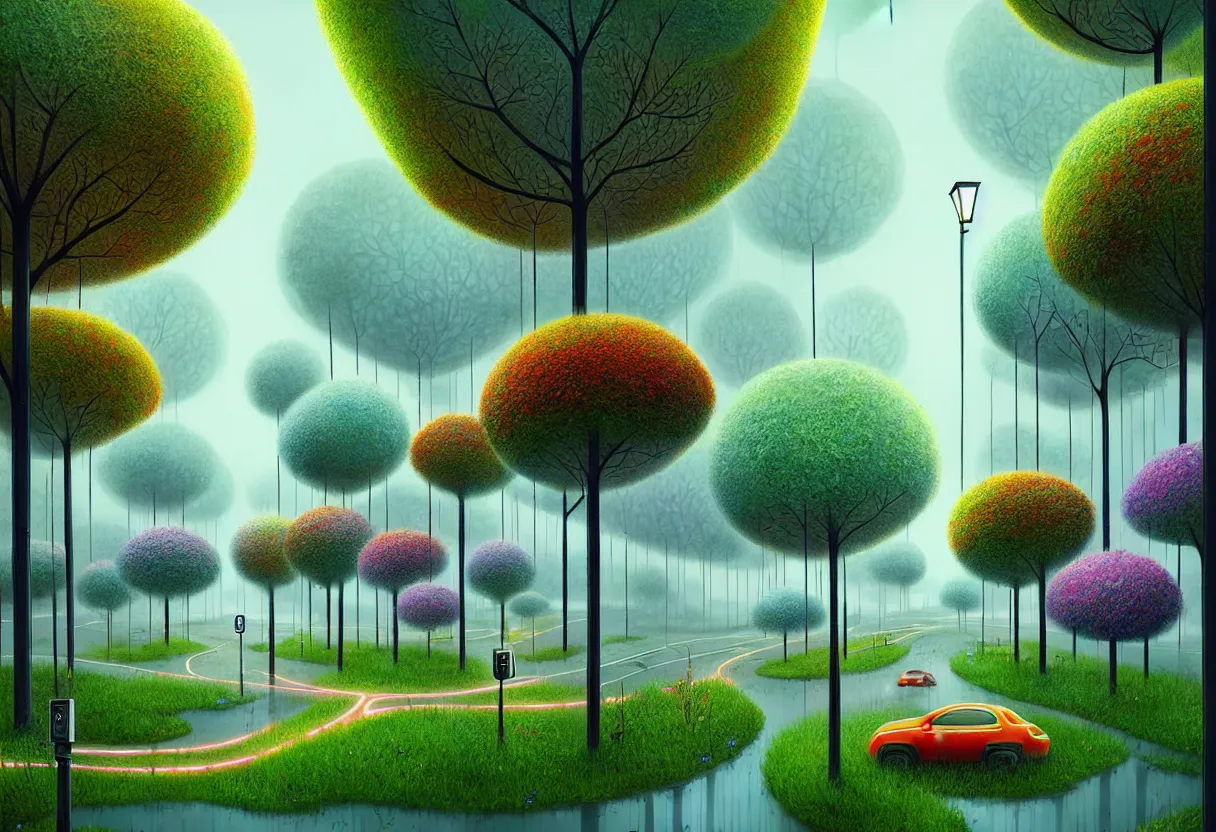 Prompt: beautiful city of the future, overgrown with trees and plants. raining at night with light pole illuminate the patch, nice colour scheme, warm colour. beautiful artistic digital artwork by artist lurid. ( 2 0 2 2 ), gediminas pranckevicius