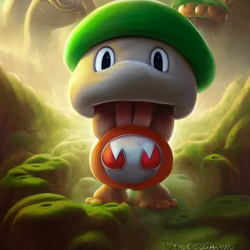 Image similar to goomba super mario as realistic mushroom character art portrait, matte fantasy painting, deviantart artstation, by jason felix by steve argyle by tyler jacobson by peter mohrbacher, cinema c 9. 0