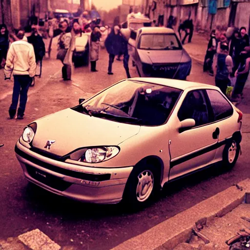 Image similar to cheap Peugeot 206 in a traffic jam in a France cyberpunk slum city called Neo Norilsk on the Moon, at night, diverse, lively, black sky full of stars, blinding sun, sci-fi, lots of flying cars, levitation, cyberpunk outfits, photorealistic, grainy, 35mm, intricate, very very beautiful, elegant, smooth, cinematic, Unreal Engine 5, by Beeple, trending on Artstation HD