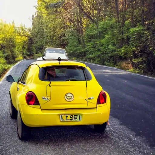 Prompt: being chased by a tiny fast yellow car captured in the wild